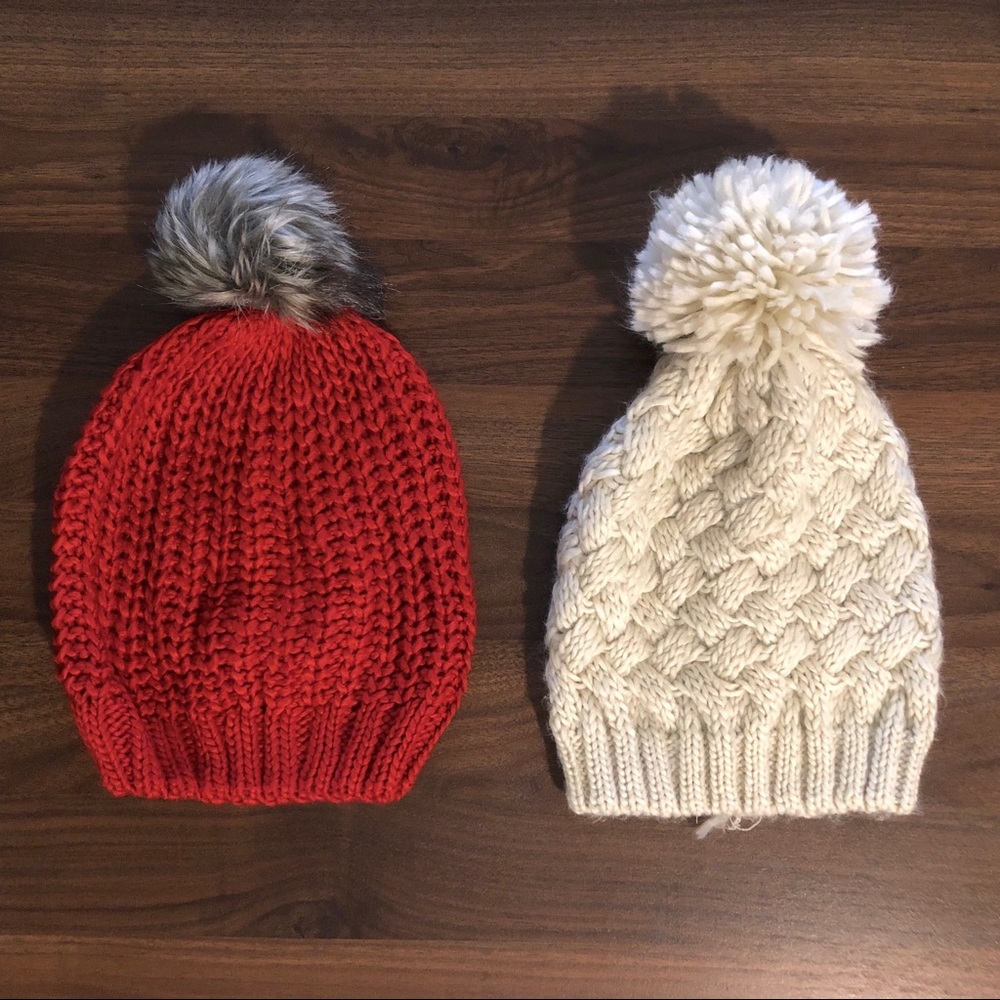 Two Pom Beanies Red And Cream